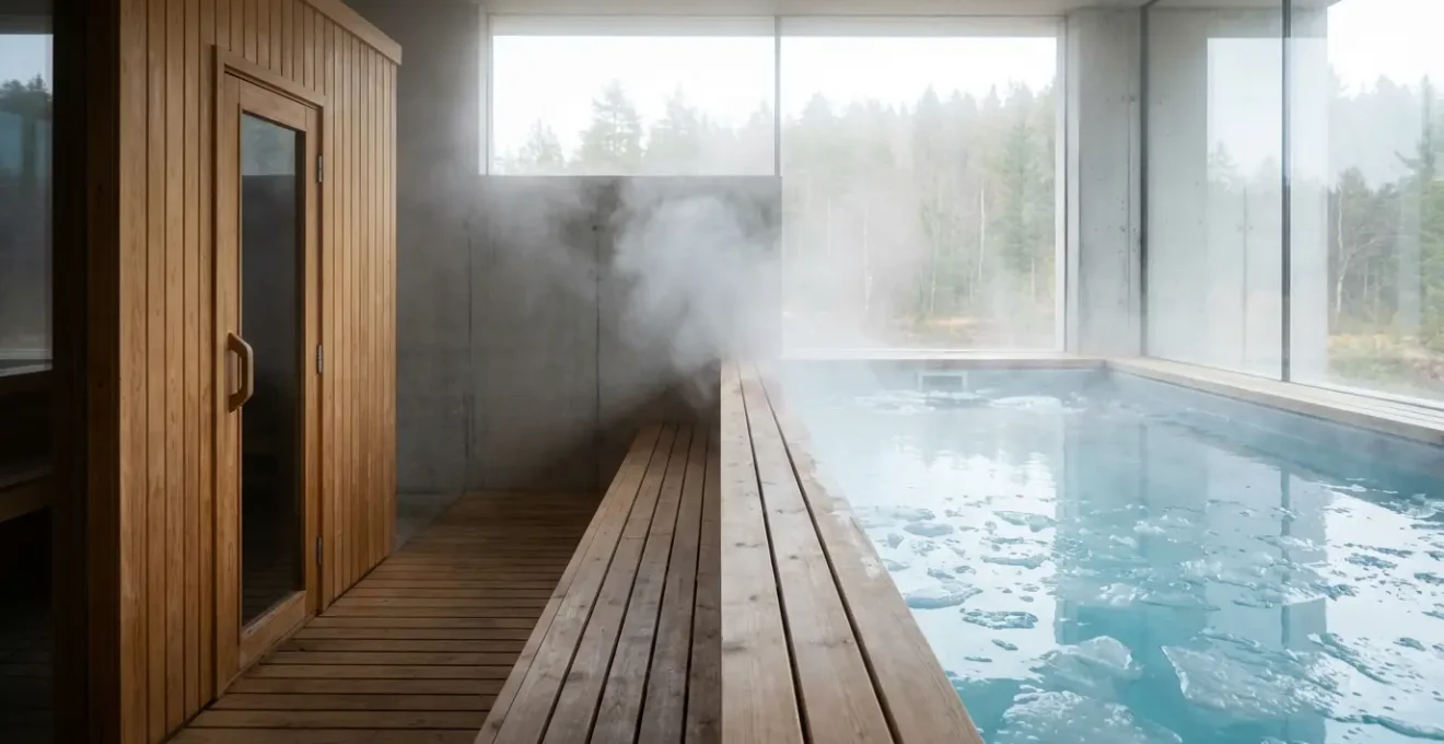 Vue minimaliste d'un espace spa avec sauna en bois et bassin d'eau froide