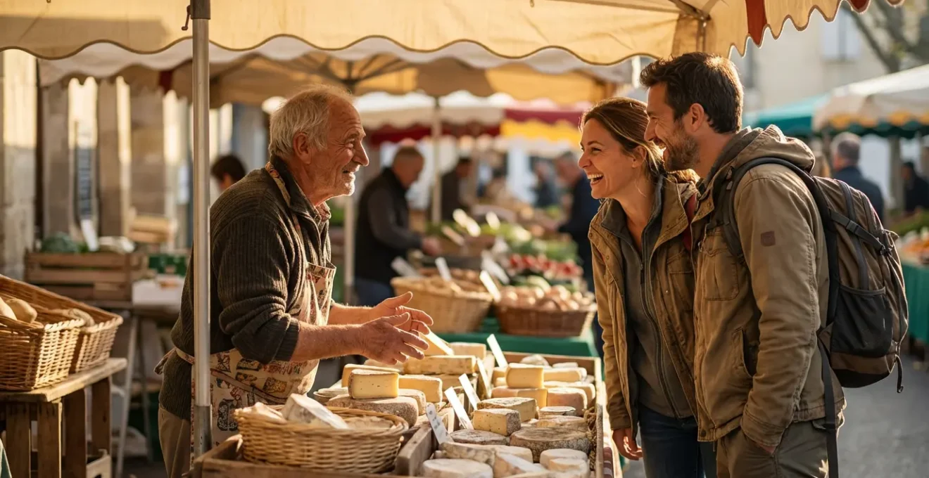 Touristes discutant avec des artisans locaux sur un marché français typique