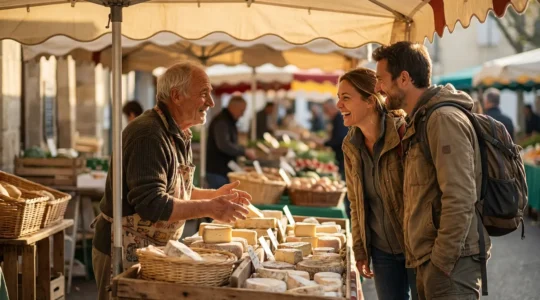 Touristes discutant avec des artisans locaux sur un marché français typique