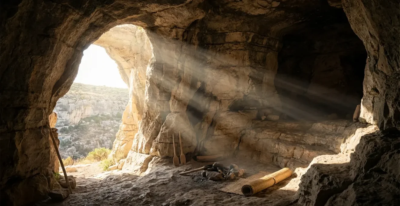 Vue intérieure d'un habitat troglodytique montrant le contraste entre la lumière naturelle filtrant par l'ouverture et la profondeur sombre de la cavité