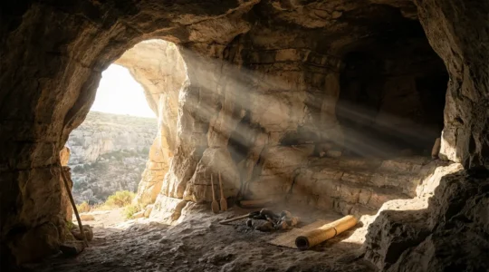 Vue intérieure d'un habitat troglodytique montrant le contraste entre la lumière naturelle filtrant par l'ouverture et la profondeur sombre de la cavité