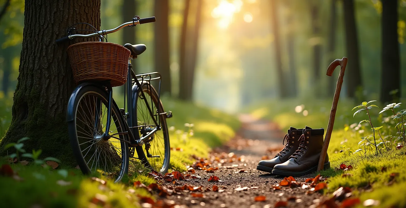 Vélo vintage posé contre un arbre sur un sentier forestier baigné de lumière dorée