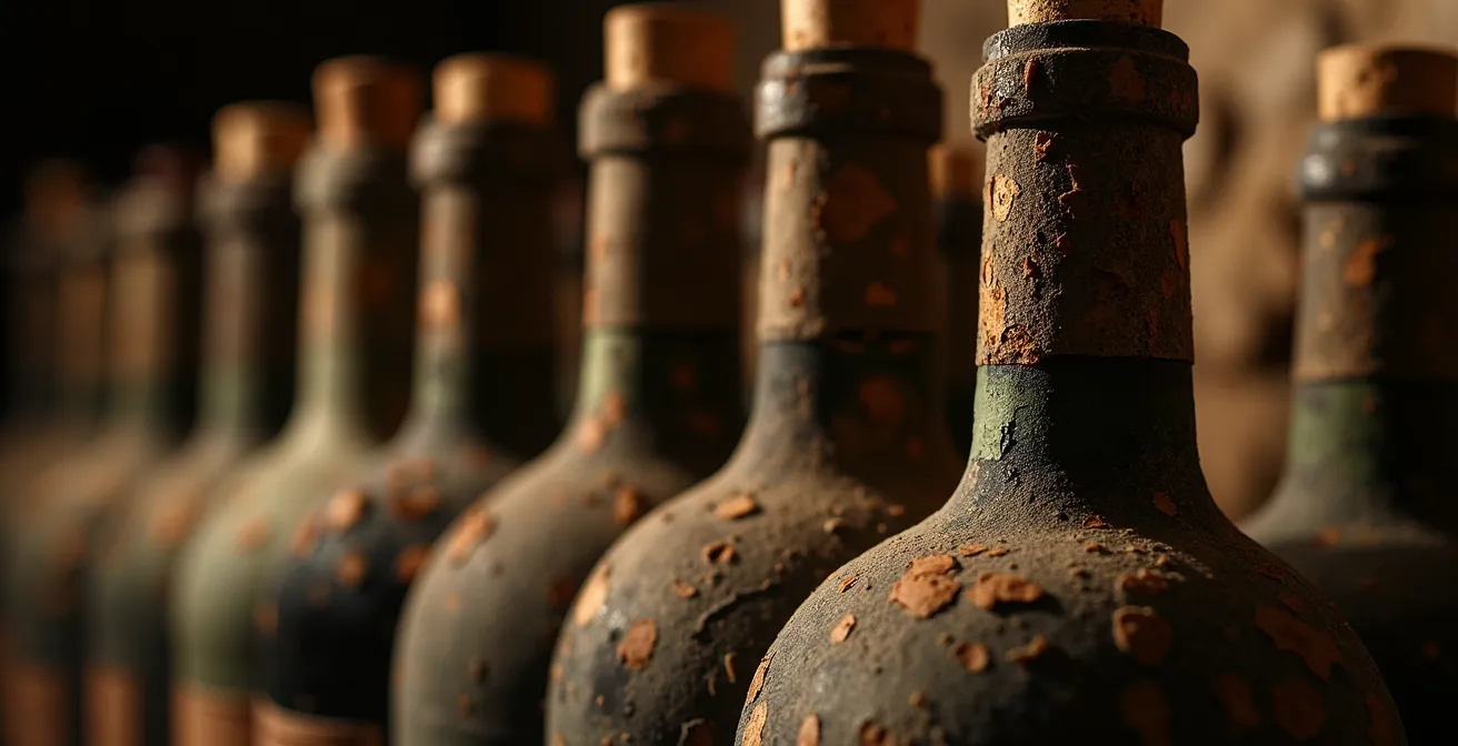Vigneron présentant des bouteilles millésimées dans sa cave personnelle