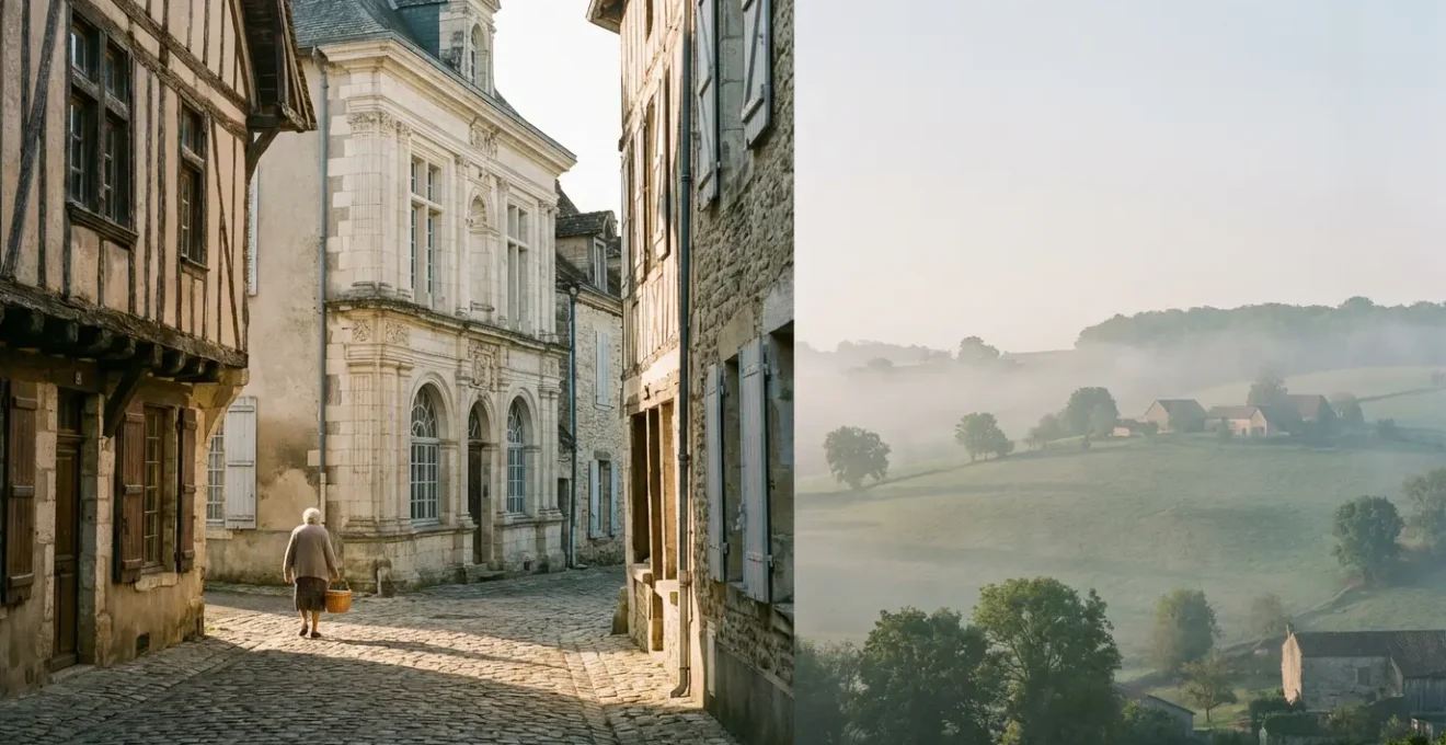 Ruelle pittoresque d'un village français avec maisons en pierre et architecture médiévale
