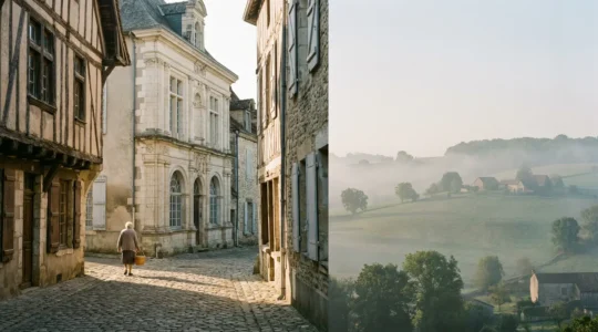 Ruelle pittoresque d'un village français avec maisons en pierre et architecture médiévale