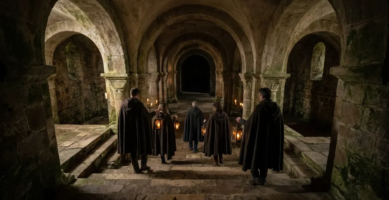Groupe restreint de visiteurs explorant une crypte médiévale éclairée aux flambeaux