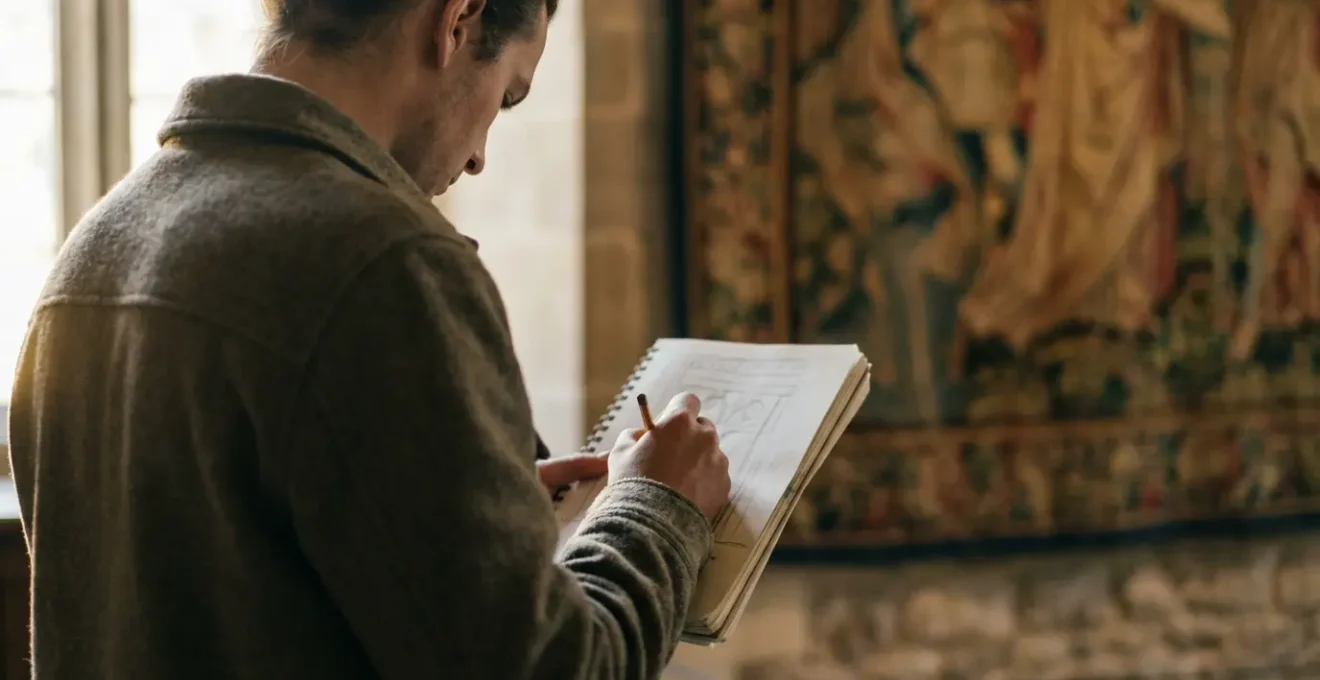 Visiteur dessinant un détail architectural dans un carnet de croquis devant une tapisserie ancienne