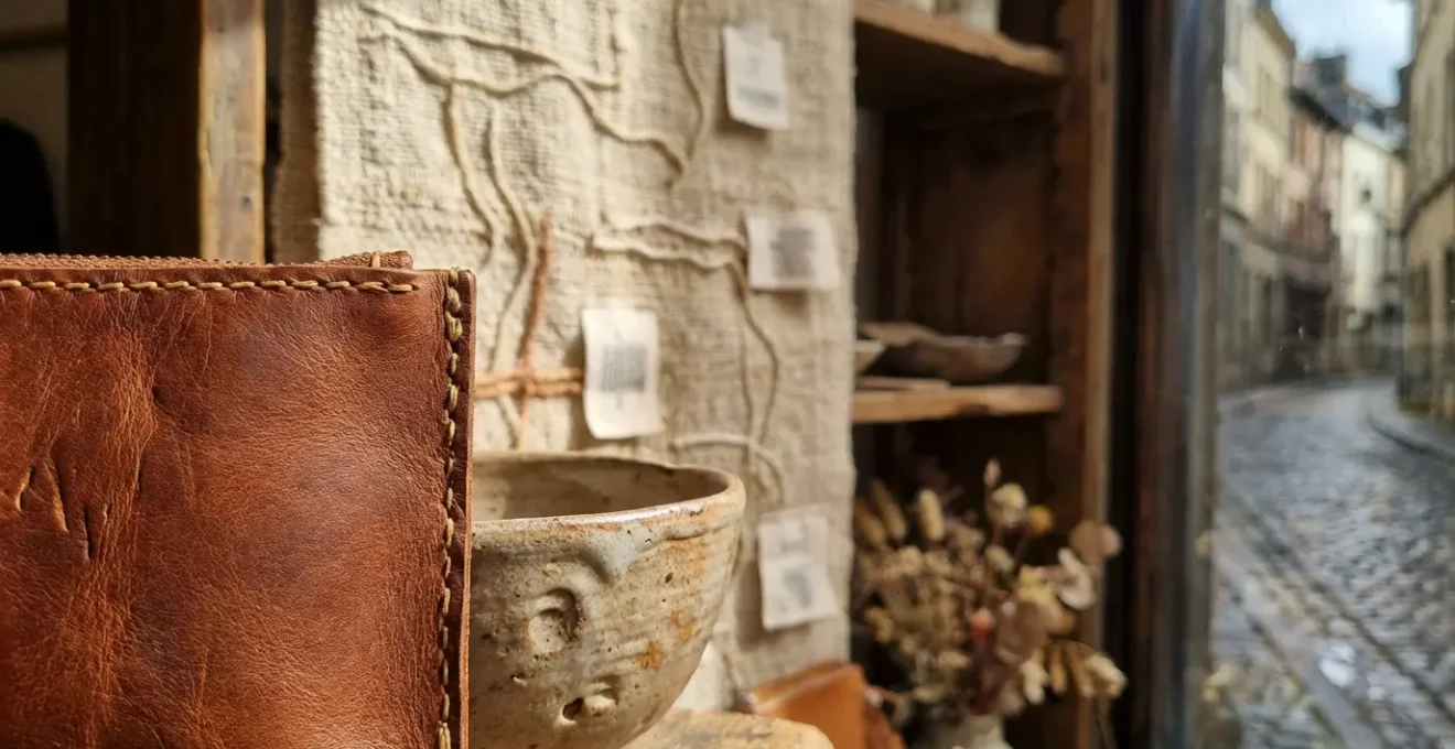 Gros plan sur une vitrine artisanale avec des créations uniques exposées de manière personnelle