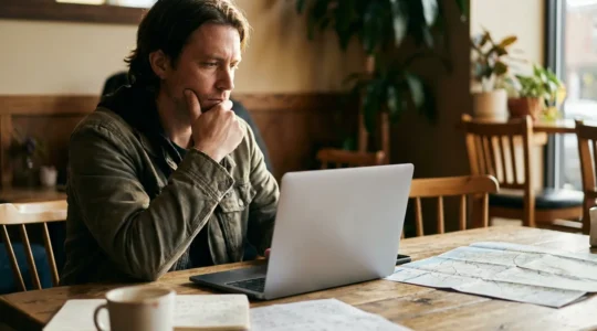 Un voyageur concentré examine des avis clients sur son ordinateur portable dans un café, avec une carte et un carnet de notes à côté