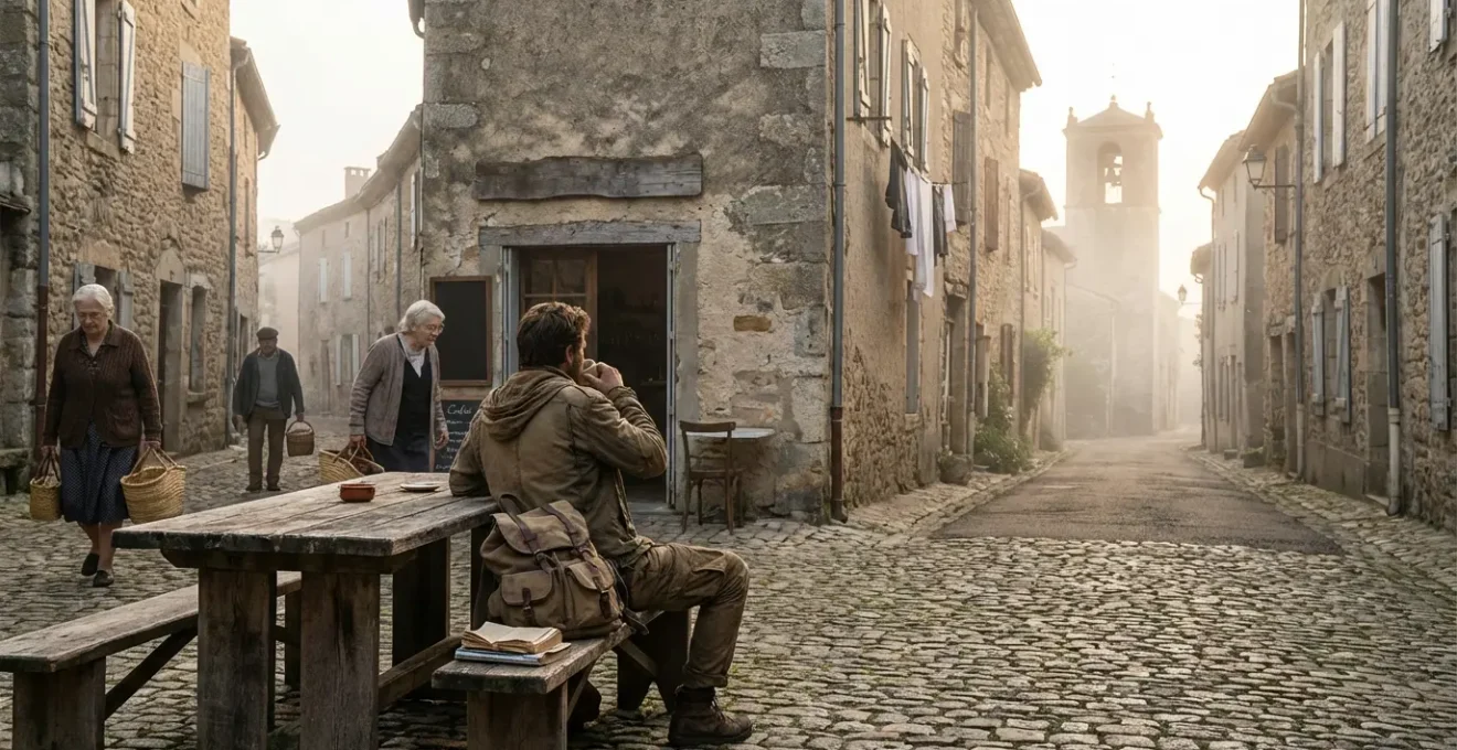 Scène contemplative d'un voyageur solitaire dans une ruelle pavée d'un village français
