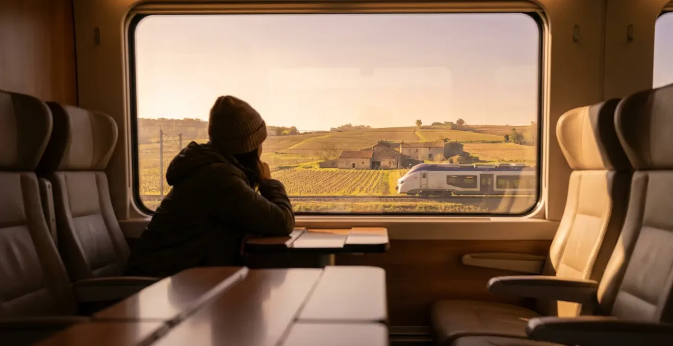 Voyageur contemplant un paysage de vignobles français depuis une fenêtre de train avec lumière dorée