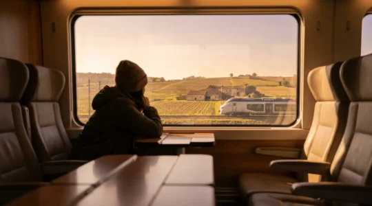 Voyageur contemplant un paysage de vignobles français depuis une fenêtre de train avec lumière dorée