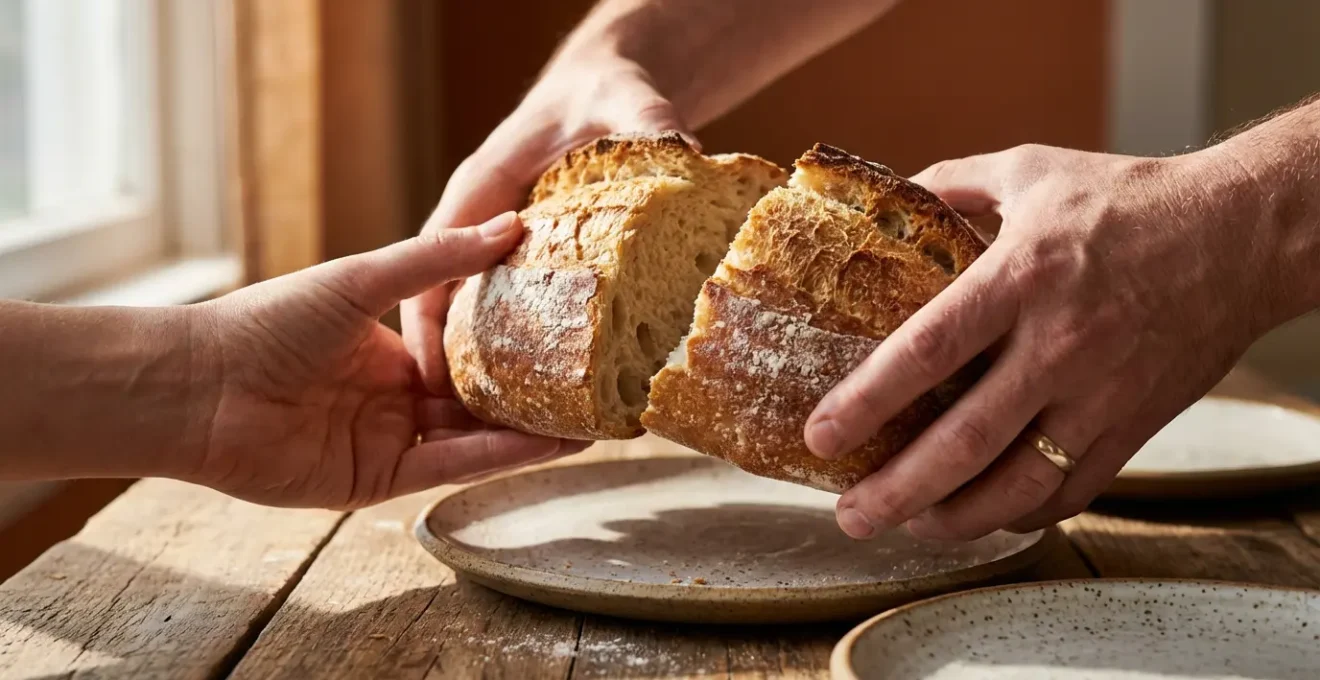 Gros plan macro sur des mains partageant du pain artisanal lors d'un petit-déjeuner convivial