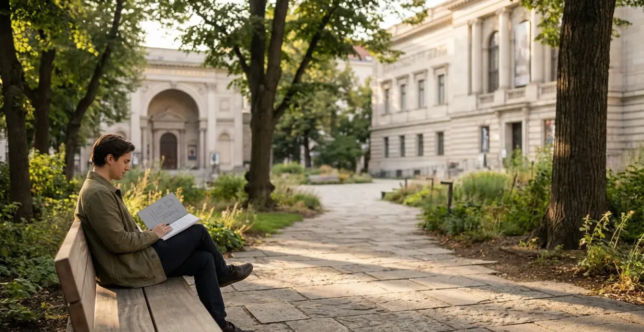 Une personne détendue dans un jardin paisible entre deux monuments historiques, consultant un carnet d'organisation avec des repères visuels de musées et théâtres