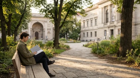 Une personne détendue dans un jardin paisible entre deux monuments historiques, consultant un carnet d'organisation avec des repères visuels de musées et théâtres