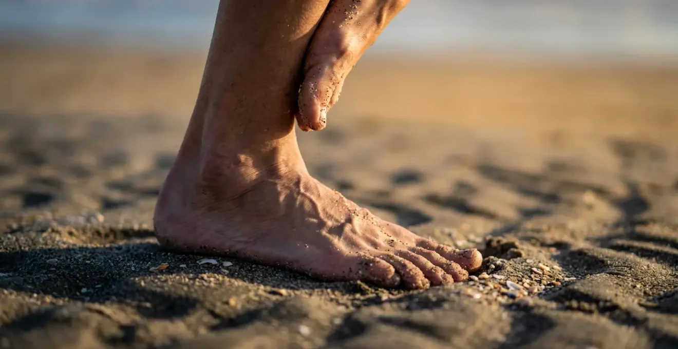 Gros plan sur des pieds pratiquant une posture d'équilibre sur le sable, montrant l'adaptation musculaire
