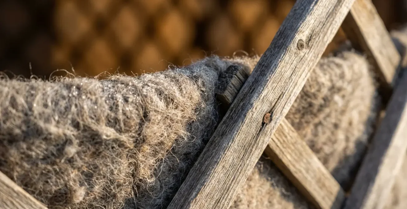 Vue macro des textures naturelles de feutre et bois dans une yourte de ferme