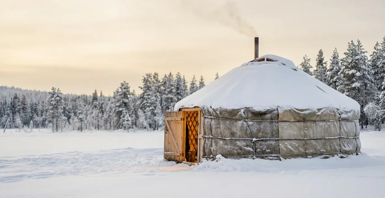 Yourte traditionnelle isolée sous la neige en hiver avec lumière chaleureuse émanant de l'intérieur