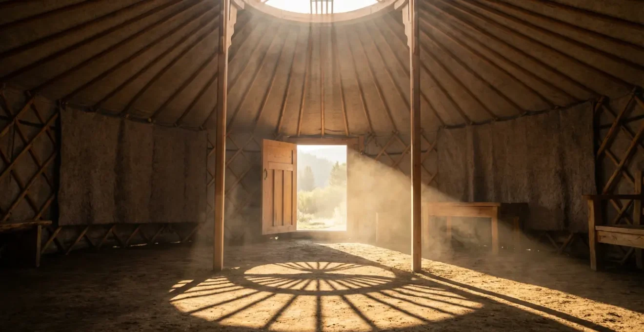 Yourte avec porte orientée sud baignée de lumière matinale à travers le dôme transparent