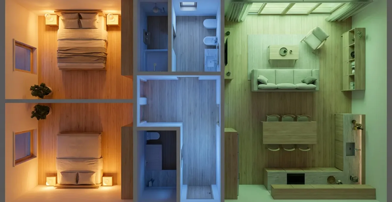 Plan en vue aérienne d'une location de vacances avec zones colorées indiquant les niveaux sonores autorisés